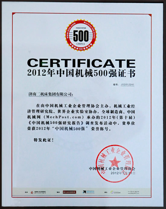 济南二机床集团有限公司再次入选“中国机械500强”