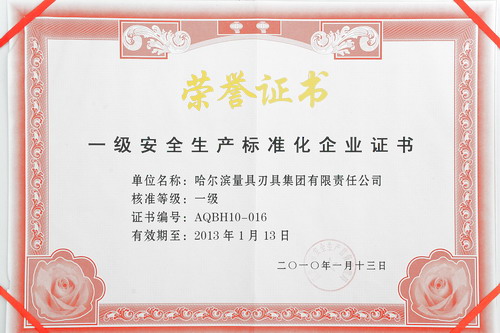 哈量集团被评为“一级安全生产标准化企业”